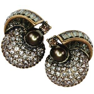 Vintage Signed Heidi Daus Art Deco Revival Gold Tone Faux Pearl Clip On Earrings